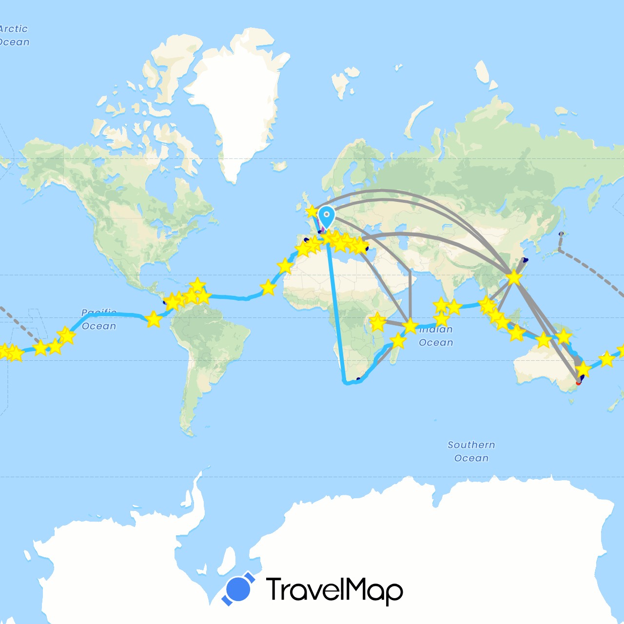 TravelMap itinerary: driving, plane, cycling, train, hiking, boat, helicopter, seaplane, private jet, private plane, hot air baloon in United Arab Emirates, Antigua and Barbuda, Netherlands Antilles, Australia, Saint Barthélemy, Cook Islands, China, Colombia, Costa Rica, Cape Verde, Curaçao, Dominica, Ecuador, Spain, Fiji, France, United Kingdom, Grenada, Gibraltar, Greece, Hong Kong, Indonesia, India, Italy, Japan, Kenya, Saint Lucia, Sri Lanka, Saint Martin, Madagascar, Martinique, Maldives, Malaysia, New Caledonia, Netherlands, Niue, Panama, French Polynesia, Seychelles, Singapore, Thailand, Tonga, Turkey, Tanzania, Saint Vincent and the Grenadines, British Virgin Islands, South Africa (Africa, Asia, Europe, North America, Oceania, South America)